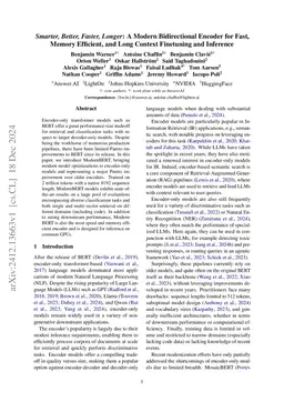 Smarter, Better, Faster, Longer: A Modern Bidirectional Encoder for
  Fast, Memory Efficient, and Long Context Finetuning and Inference