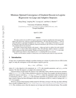 Minimax Optimal Convergence of Gradient Descent in Logistic Regression via Large and Adaptive Stepsizes