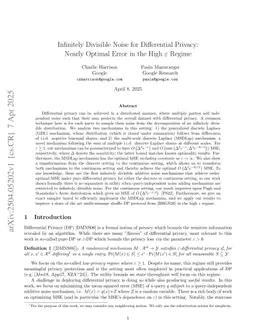 Infinitely Divisible Noise for Differential Privacy: Nearly Optimal Error in the High $\varepsilon$ Regime