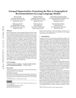 Unequal Opportunities: Examining the Bias in Geographical Recommendations by Large Language Models