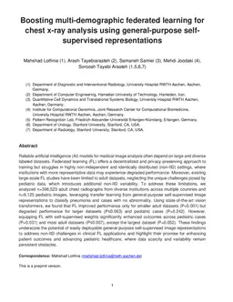 Boosting multi-demographic federated learning for chest radiograph analysis using general-purpose self-supervised representations