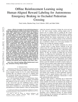 Offline Reinforcement Learning using Human-Aligned Reward Labeling for Autonomous Emergency Braking in Occluded Pedestrian Crossing