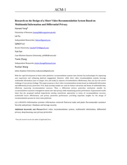 Research on the Design of a Short Video Recommendation System Based on Multimodal Information and Differential Privacy