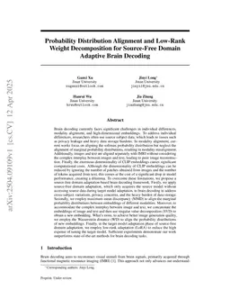 Probability Distribution Alignment and Low-Rank Weight Decomposition for Source-Free Domain Adaptive Brain Decoding