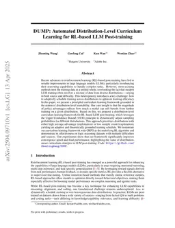DUMP: Automated Distribution-Level Curriculum Learning for RL-based LLM Post-training
