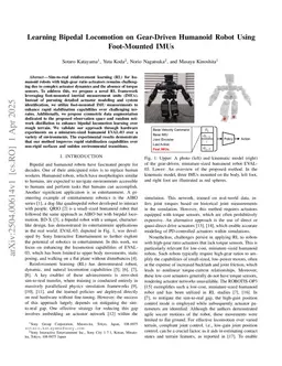 Learning Bipedal Locomotion on Gear-Driven Humanoid Robot Using Foot-Mounted IMUs