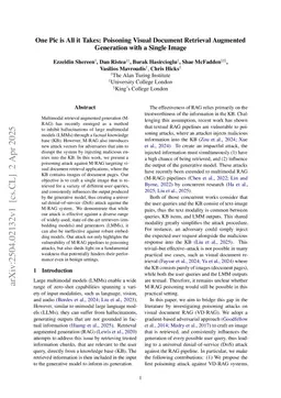 One Pic is All it Takes: Poisoning Visual Document Retrieval Augmented Generation with a Single Image