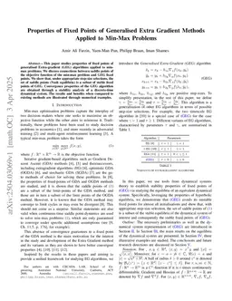 Properties of Fixed Points of Generalised Extra Gradient Methods Applied to Min-Max Problems