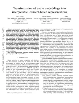 Transformation of audio embeddings into interpretable, concept-based representations