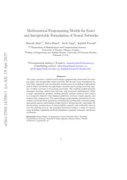 Mathematical Programming Models for Exact and Interpretable Formulation of Neural Networks