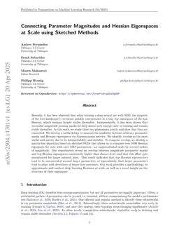Connecting Parameter Magnitudes and Hessian Eigenspaces at Scale using Sketched Methods