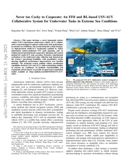 Never too Cocky to Cooperate: An FIM and RL-based USV-AUV Collaborative System for Underwater Tasks in Extreme Sea Conditions