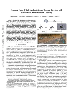 Dynamic Legged Ball Manipulation on Rugged Terrains with Hierarchical Reinforcement Learning