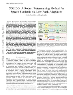 SOLIDO: A Robust Watermarking Method for Speech Synthesis via Low-Rank Adaptation