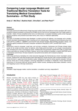 Comparing Large Language Models and Traditional Machine Translation Tools for Translating Medical Consultation Summaries: A Pilot Study