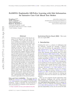 ExOSITO: Explainable Off-Policy Learning with Side Information for Intensive Care Unit Blood Test Orders