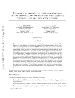 Reliable and efficient inverse analysis using physics-informed neural networks with normalized distance functions and adaptive weight tuning