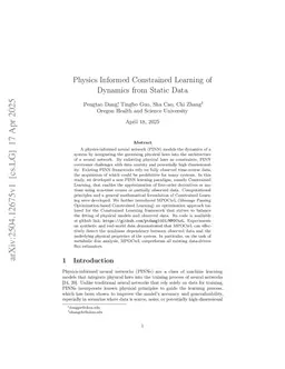 Physics Informed Constrained Learning of Dynamics from Static Data