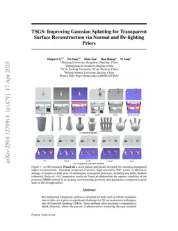 TSGS: Improving Gaussian Splatting for Transparent Surface Reconstruction via Normal and De-lighting Priors