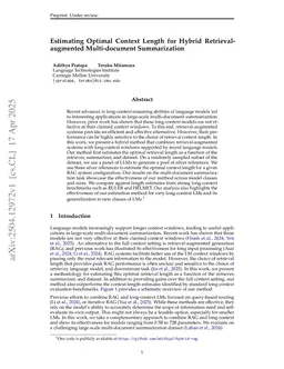 Estimating Optimal Context Length for Hybrid Retrieval-augmented Multi-document Summarization