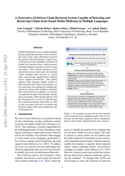 A Generative-AI-Driven Claim Retrieval System Capable of Detecting and Retrieving Claims from Social Media Platforms in Multiple Languages