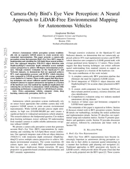 Camera-Only Bird's Eye View Perception: A Neural Approach to LiDAR-Free Environmental Mapping for Autonomous Vehicles