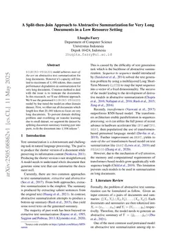 A Split-then-Join Approach to Abstractive Summarization for Very Long Documents in a Low Resource Setting