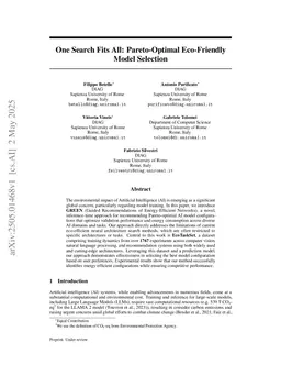One Search Fits All: Pareto-Optimal Eco-Friendly Model Selection