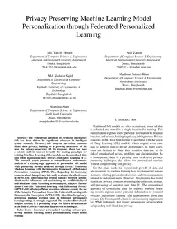 Privacy Preserving Machine Learning Model Personalization through Federated Personalized Learning