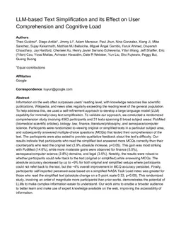 LLM-based Text Simplification and its Effect on User Comprehension and Cognitive Load