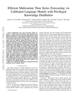 Efficient Multivariate Time Series Forecasting via Calibrated Language Models with Privileged Knowledge Distillation