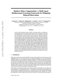 Rainbow Delay Compensation: A Multi-Agent Reinforcement Learning Framework for Mitigating Delayed Observation