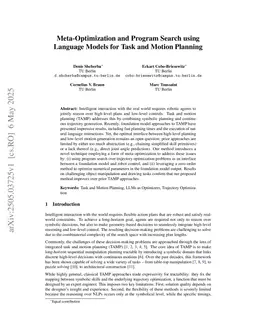 Meta-Optimization and Program Search using Language Models for Task and Motion Planning