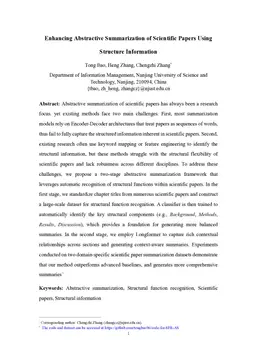 Enhancing Abstractive Summarization of Scientific Papers Using Structure Information
