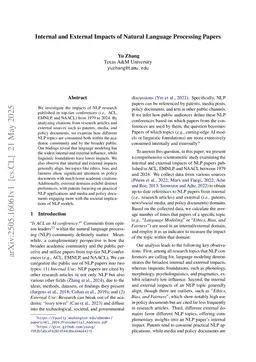 Internal and External Impacts of Natural Language Processing Papers