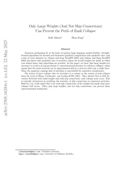 Only Large Weights (And Not Skip Connections) Can Prevent the Perils of Rank Collapse