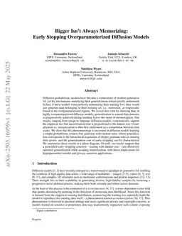 Bigger Isn't Always Memorizing: Early Stopping Overparameterized Diffusion Models