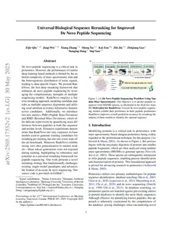 Universal Biological Sequence Reranking for Improved De Novo Peptide Sequencing