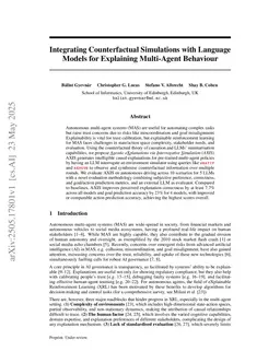 Integrating Counterfactual Simulations with Language Models for Explaining Multi-Agent Behaviour