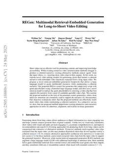 REGen: Multimodal Retrieval-Embedded Generation for Long-to-Short Video Editing