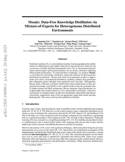 Mosaic: Data-Free Knowledge Distillation via Mixture-of-Experts for Heterogeneous Distributed Environments