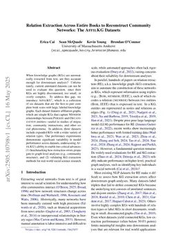 Relation Extraction Across Entire Books to Reconstruct Community Networks: The AffilKG Datasets