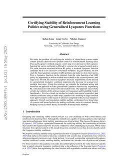 Certifying Stability of Reinforcement Learning Policies using Generalized Lyapunov Functions