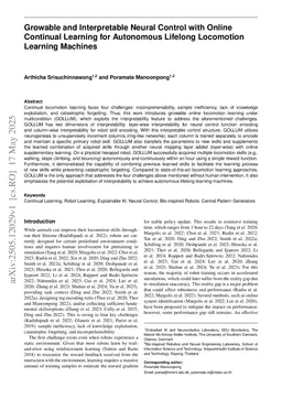 Growable and Interpretable Neural Control with Online Continual Learning for Autonomous Lifelong Locomotion Learning Machines