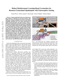 Robust Reinforcement Learning-Based Locomotion for Resource-Constrained Quadrupeds with Exteroceptive Sensing