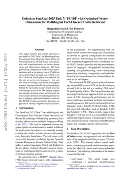 Duluth at SemEval-2025 Task 7: TF-IDF with Optimized Vector Dimensions for Multilingual Fact-Checked Claim Retrieval