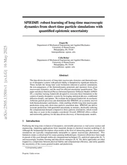 SPIEDiff: robust learning of long-time macroscopic dynamics from short-time particle simulations with quantified epistemic uncertainty