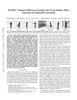 TD-GRPC: Temporal Difference Learning with Group Relative Policy Constraint for Humanoid Locomotion