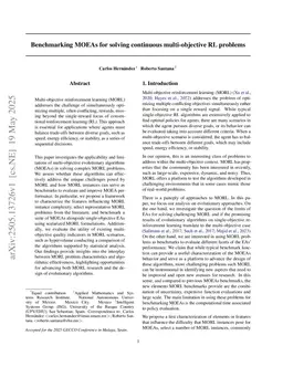 Benchmarking MOEAs for solving continuous multi-objective RL problems
