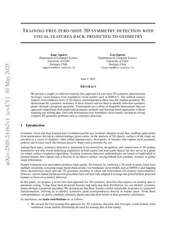 Training-free zero-shot 3D symmetry detection with visual features back-projected to geometry